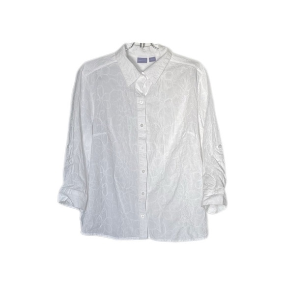 Laura Scott Tops - Laura Scott White Floral Embroidered 3/4 Roll Tab Sleeve Button Down Women’s XL